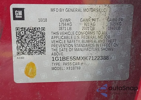 2019 Chevrolet Cruze Lt z USA, uszkodzony, nr VIN 1G1BE5SMXK7122388